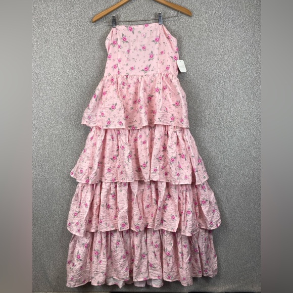 Altar’d State strapless tiered maxi dress Medium pink floral cottagecore roses - Picture 4 of 11